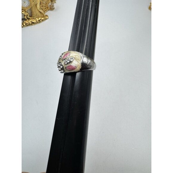 Pretty Costume Jewelry Ring Silver Tone And Enamel Whit Rhinestone  Ring Sz 10 - Picture 6 of 12